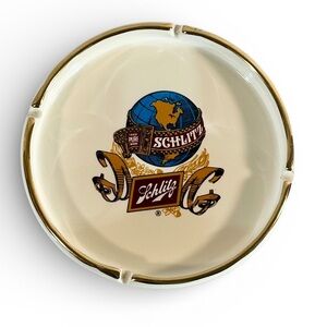 Ceramic ashtray, Schlitz Brewing Company, Globe-Scroll logo, Beer Advertising